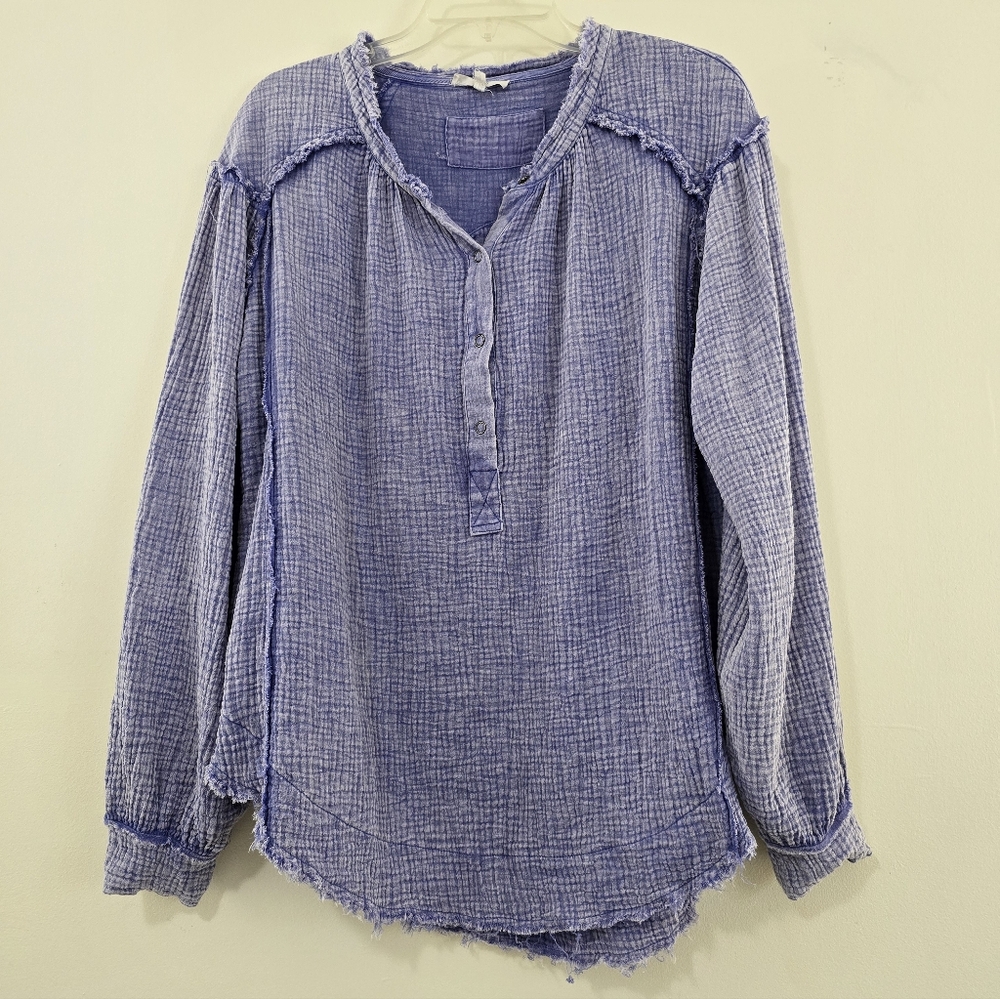 Easel Purple Mineral Wash 3/4 Button Front Long Sleeve Blouse Size Large